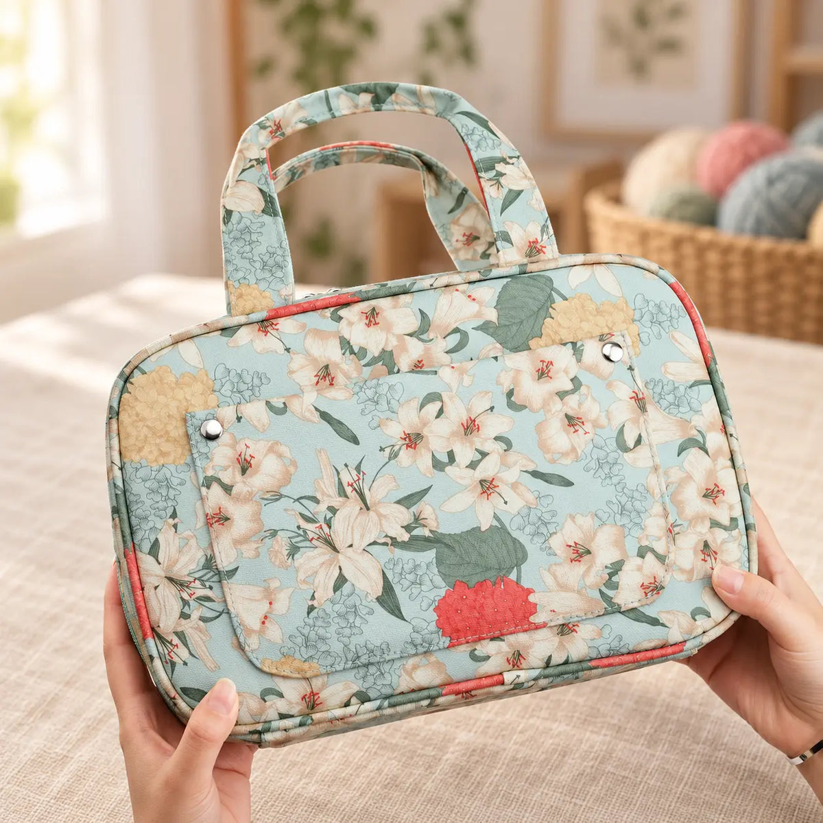 Floral crochet hook organizer case held in two hands to show its size