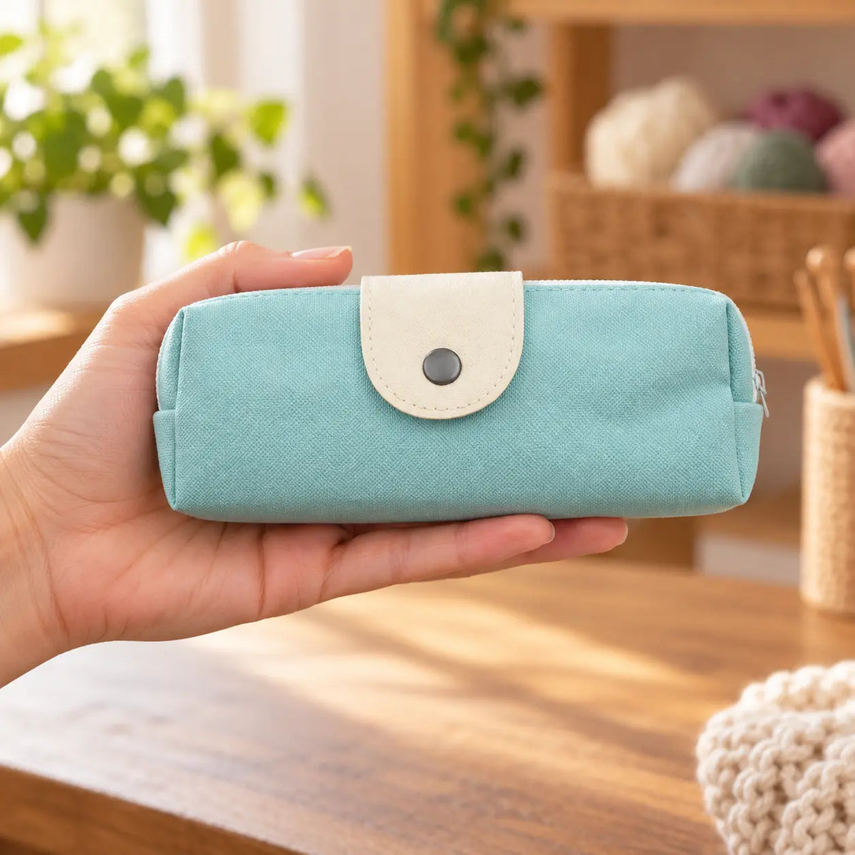 Included mint storage pouch shown at hand scale