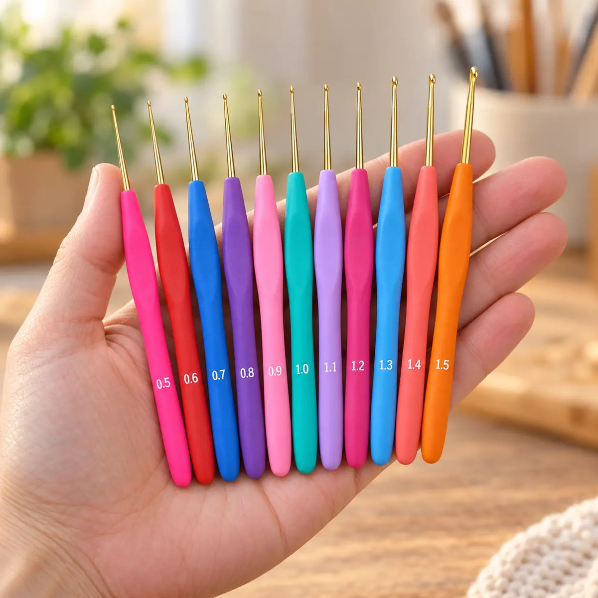 Complete 0.5 to 1.5 mm 11-piece lace hook set shown at hand scale