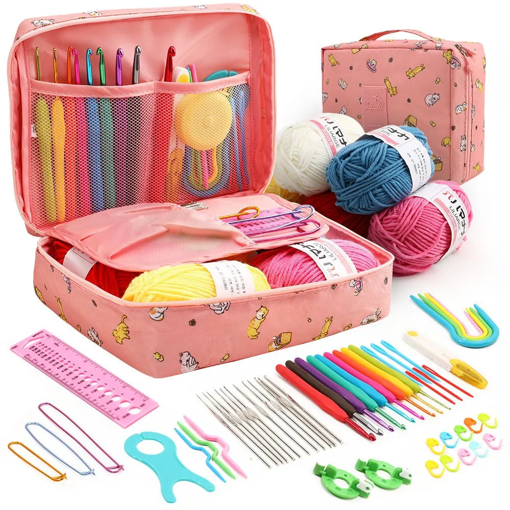 Complete colourful crochet tool kit with yarn and storage case