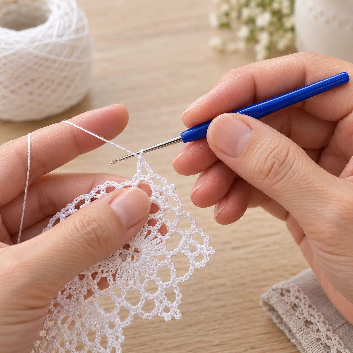 Fine steel crochet hook in use on lace crochet; yarn not included