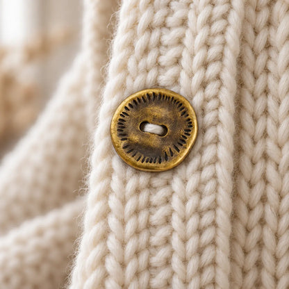 Vintage metal button sewn onto a cream knit cardigan; cardigan not included