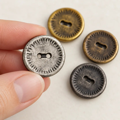 Vintage 18 mm metal button held between fingertips with finish variants behind