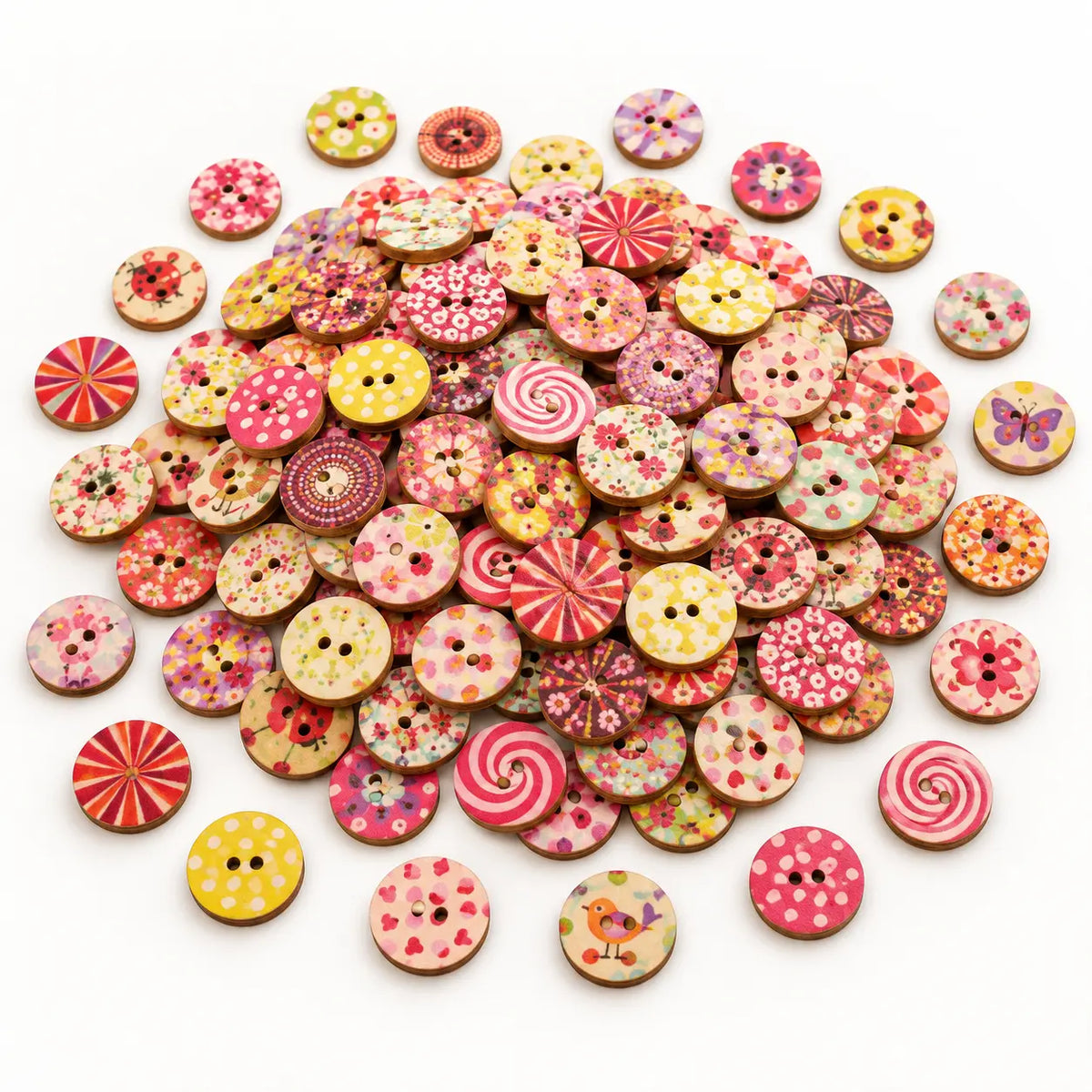Assorted round two-hole wooden buttons in cheerful mixed patterns on a white studio background