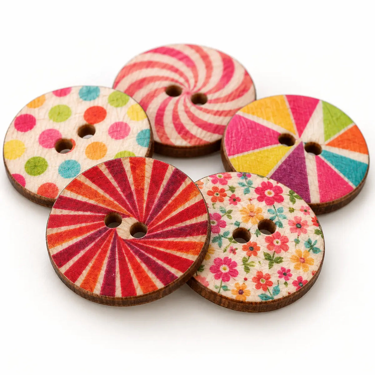 Macro view of mixed-pattern wooden buttons showing two holes, printed faces and wood edges