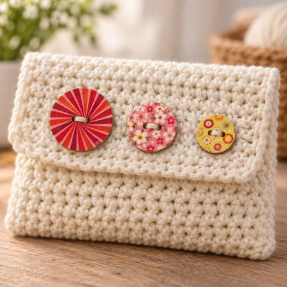 Mixed-pattern wooden buttons sewn onto a cream crochet pouch; pouch not included