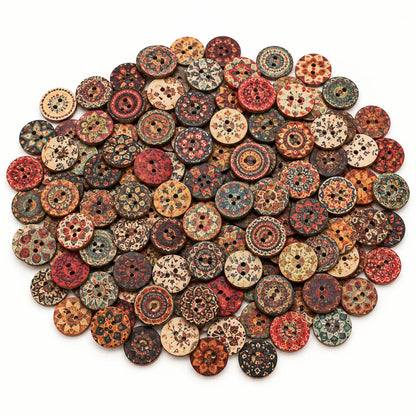 Assortment of round 20 mm two-hole wooden buttons with dark multicolor ornamental patterns