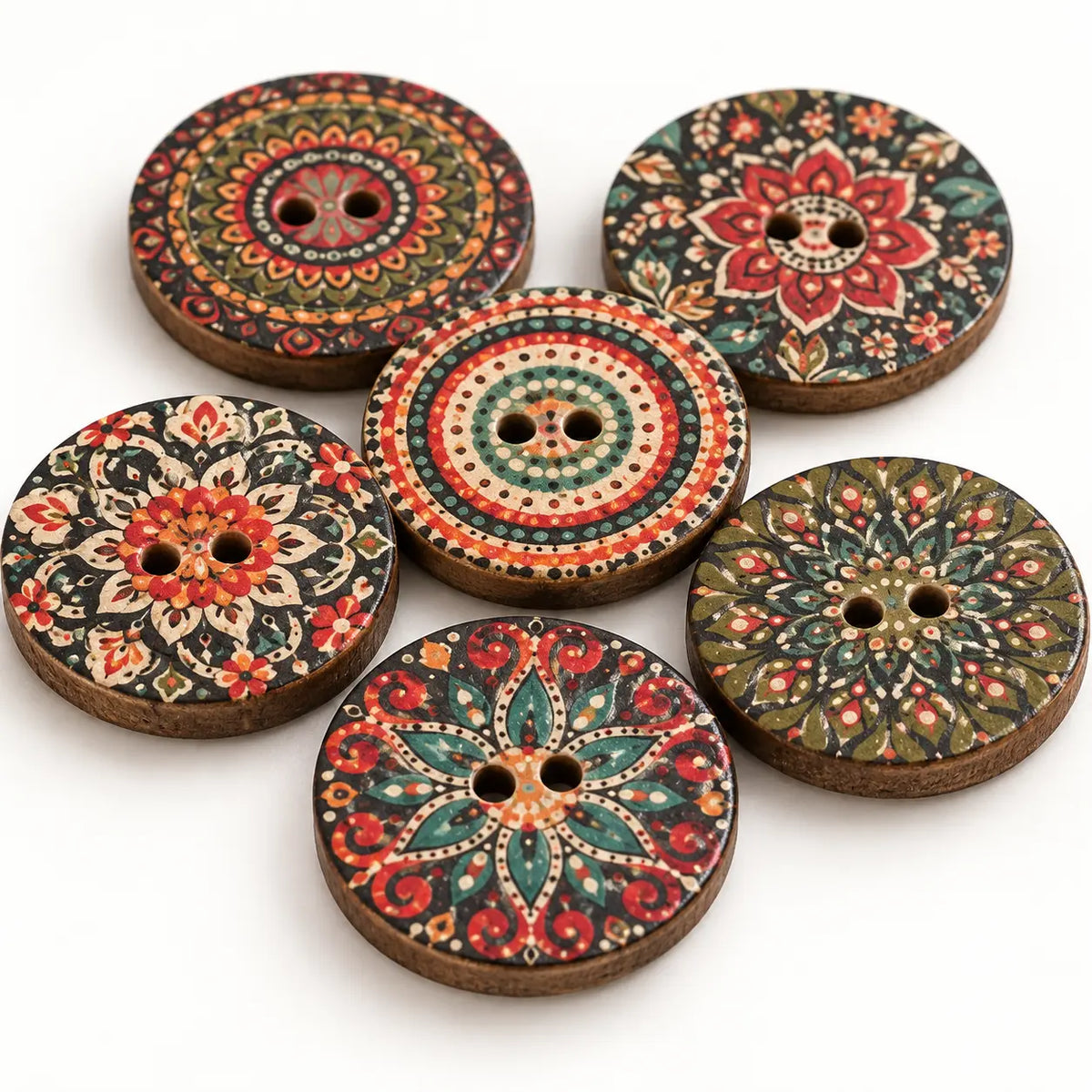 Macro view of 20 mm painted wooden buttons showing intricate patterns and two-hole construction