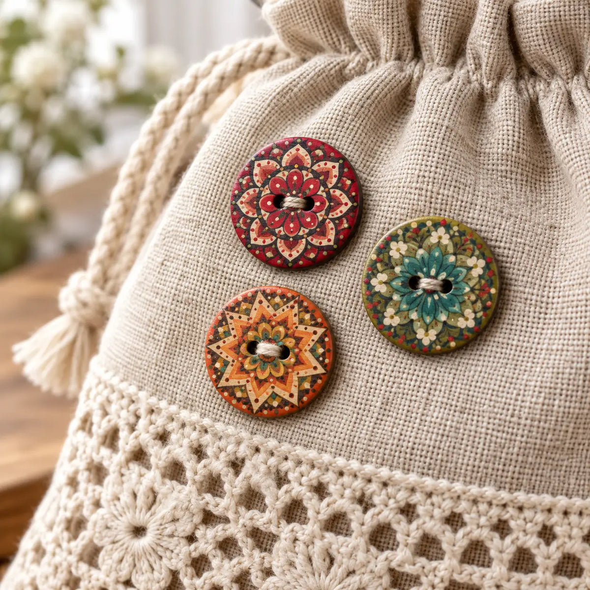 Painted 20 mm wooden buttons sewn onto a linen crochet pouch; pouch not included