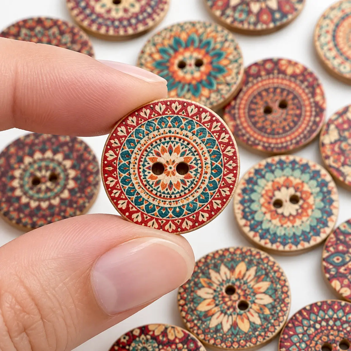 One 20 mm ornamental wooden button held between fingertips with assorted patterns behind