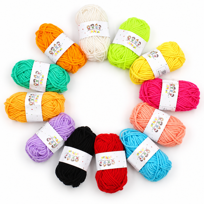 Twelve mini acrylic yarn skeins in assorted bright colours on a white studio background