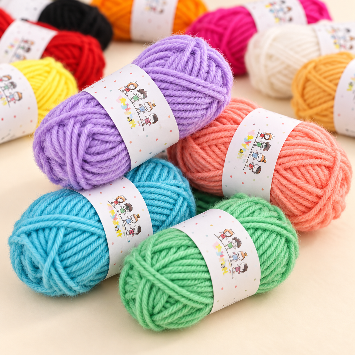 Close-up of mini acrylic yarn skeins showing soft fibers, strand twist and paper bands