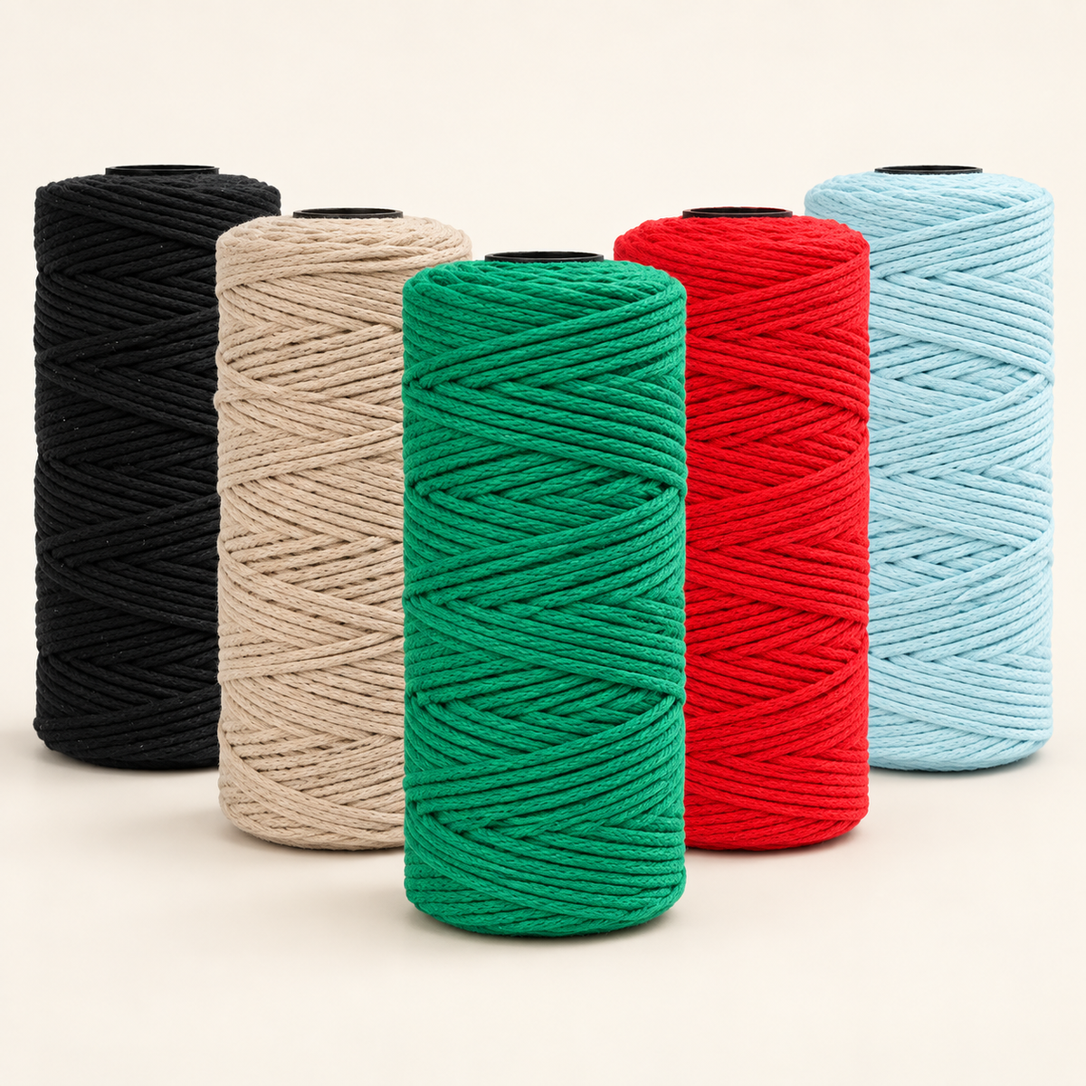 All five 150 m round craft cord colours; one spool included per selected variant