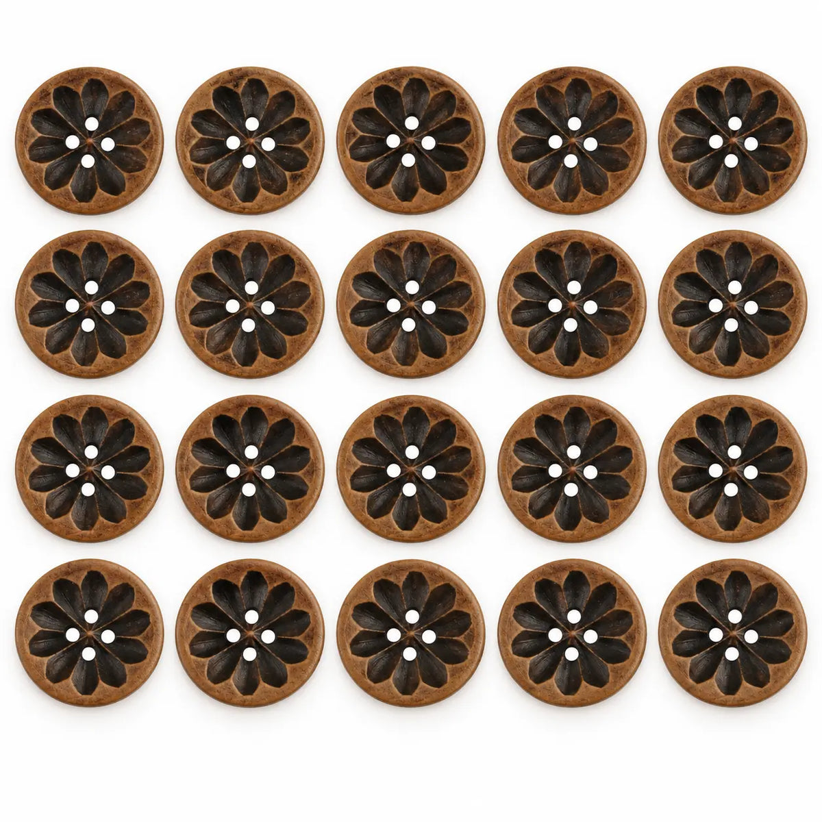 Exactly twenty 18 mm carved dark-wood four-hole flower buttons in a five-by-four grid