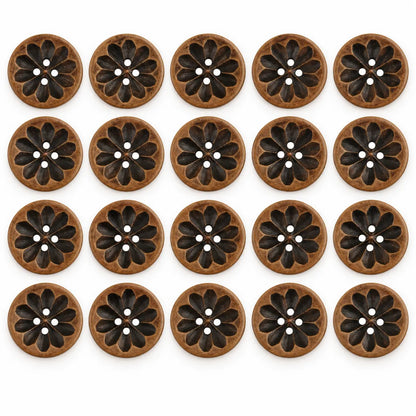 Exactly twenty 18 mm carved dark-wood four-hole flower buttons in a five-by-four grid