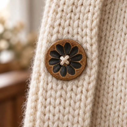 Carved wooden four-hole button sewn onto a cream knit cardigan; cardigan not included