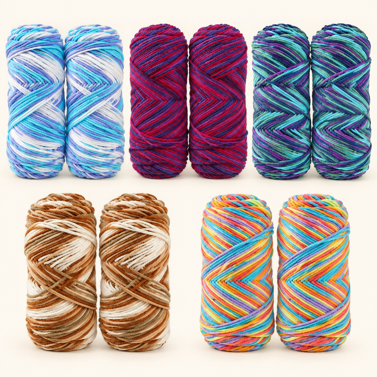 All five 200 g variegated acrylic yarn colourways; two 100 g skeins included per selected variant