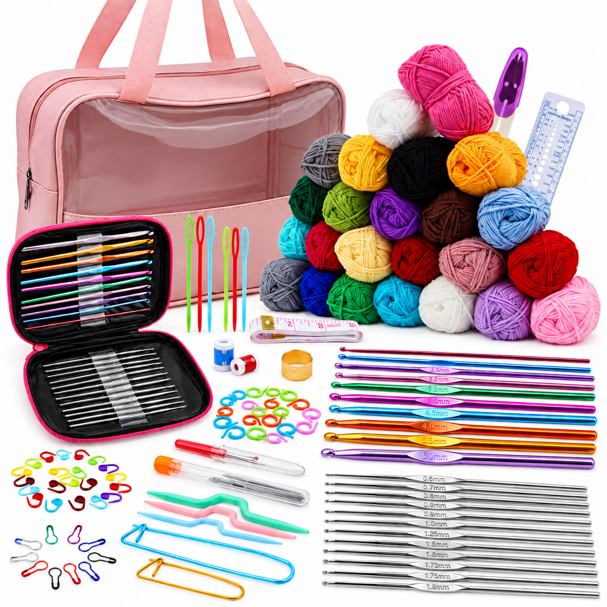 Complete 24-colour yarn and crochet starter kit with pink carry bag and included tools