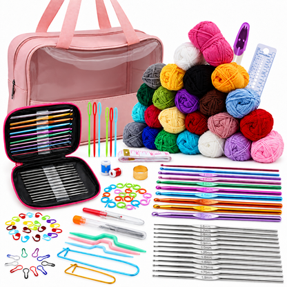 Complete 24-colour yarn and crochet starter kit with pink carry bag and included tools