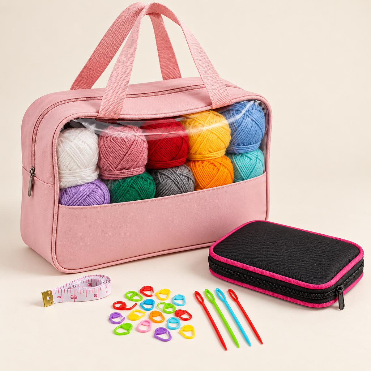Pink transparent-front carry bag with yarn, hook case and included notions