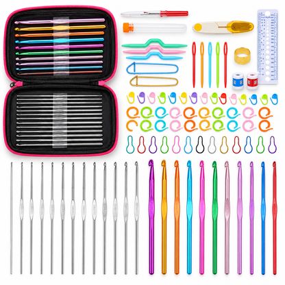 Included aluminum and steel crochet hooks, black case, stitch markers and measuring tools