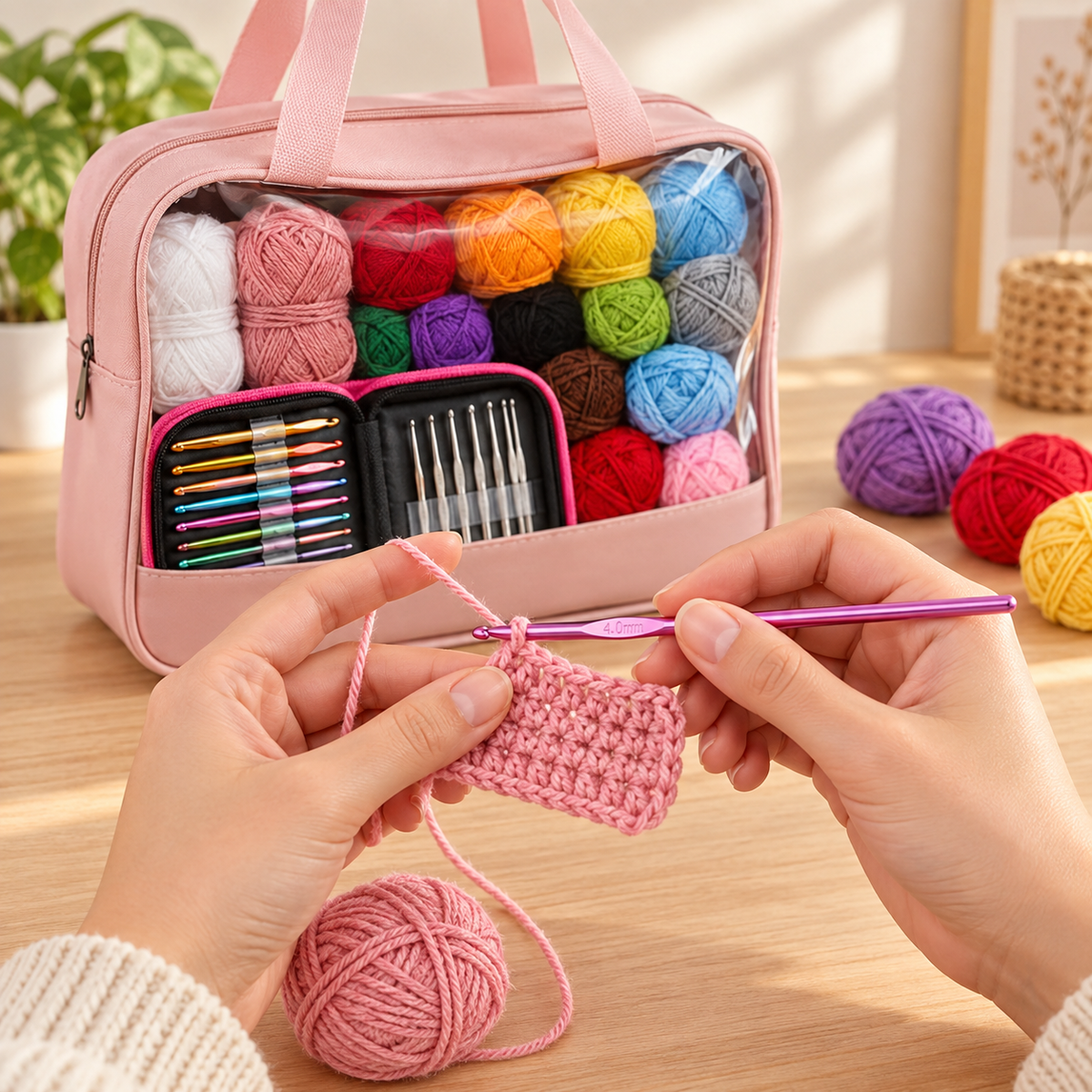 Included aluminum crochet hook and yarn in use with the pink starter-kit bag behind