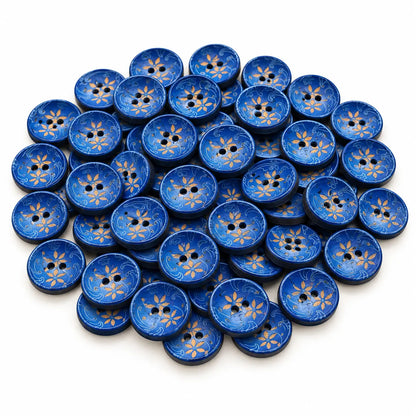 Set of round 15 mm cobalt-blue wooden buttons with gold floral detail and four holes