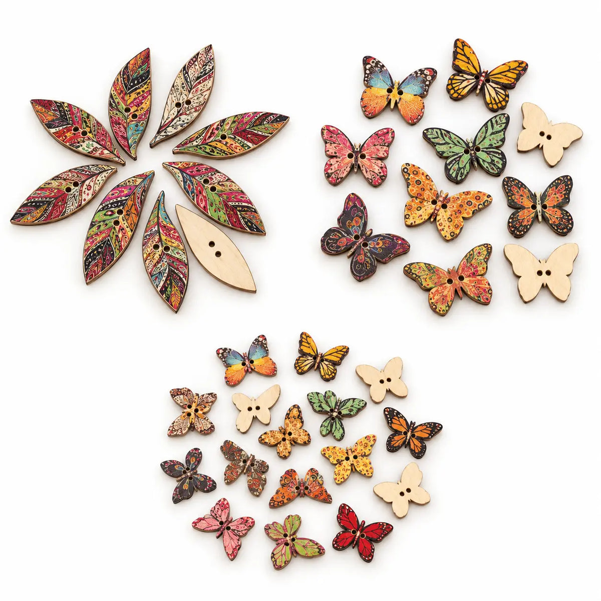 Overview of the three selectable wooden button shapes and sizes, shown as separate groups