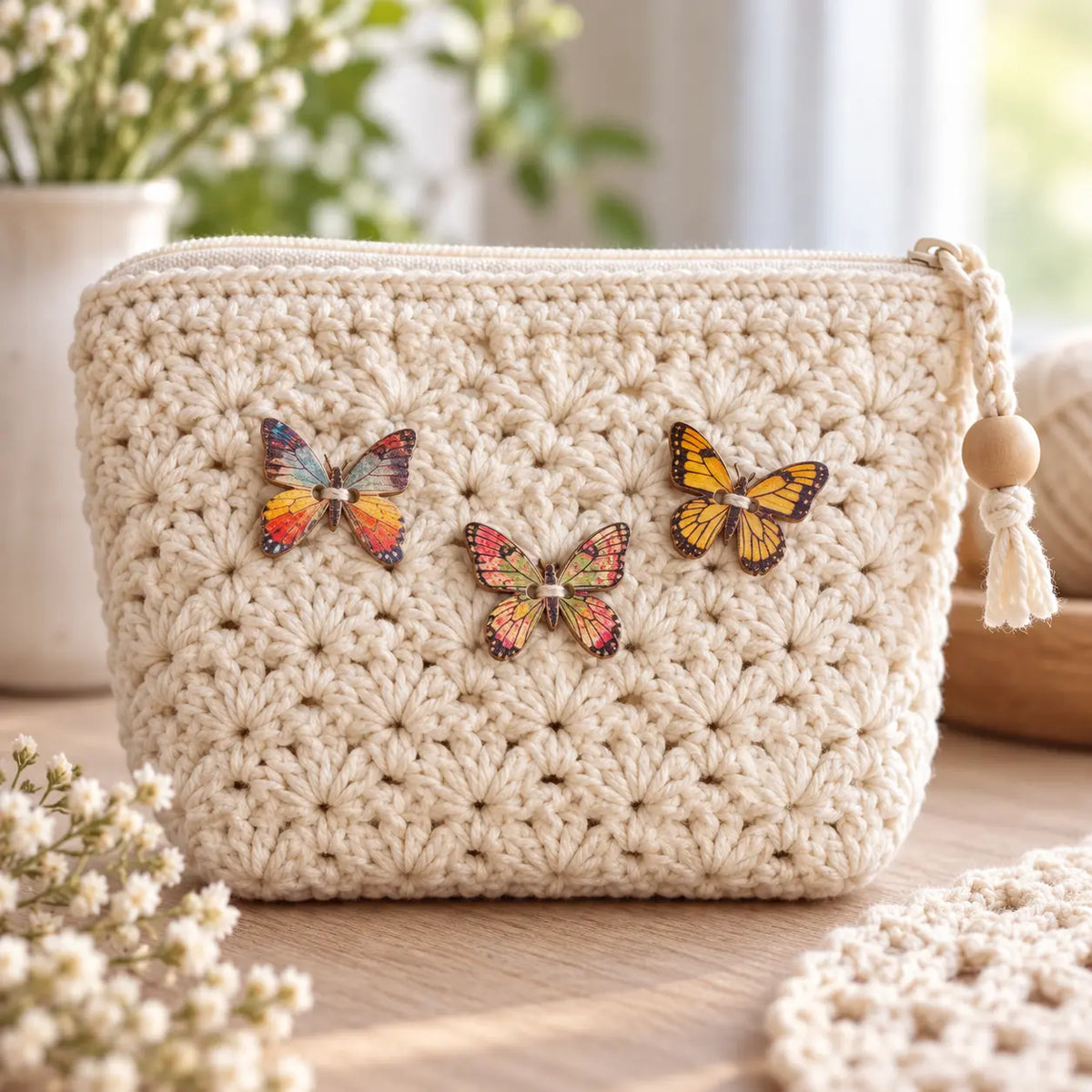 Butterfly-shaped wooden buttons sewn onto a cream crochet pouch; pouch not included