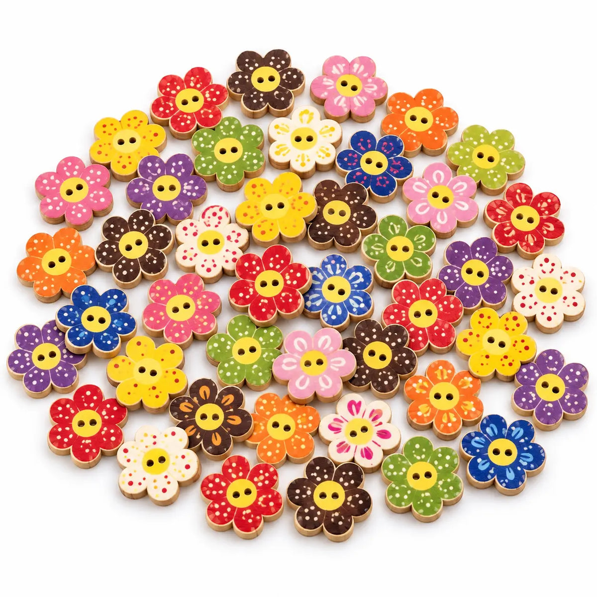 Assortment of colorful 20 mm flower-shaped wooden buttons with two holes