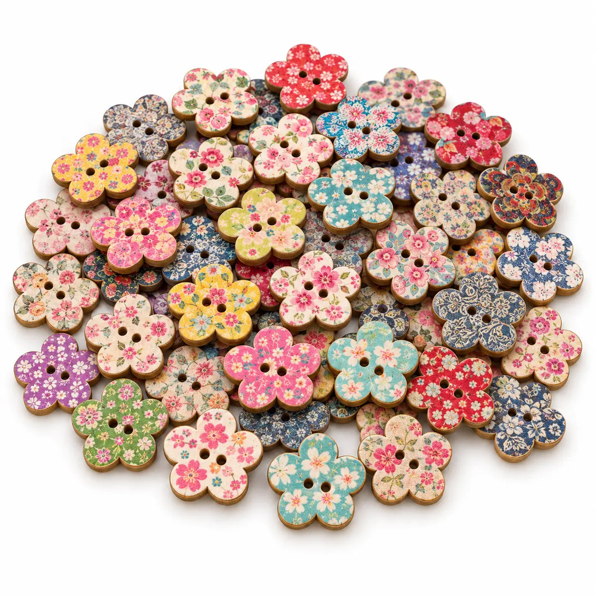 Assortment of 20 mm five-petal plum-blossom wooden buttons with two holes and vintage prints