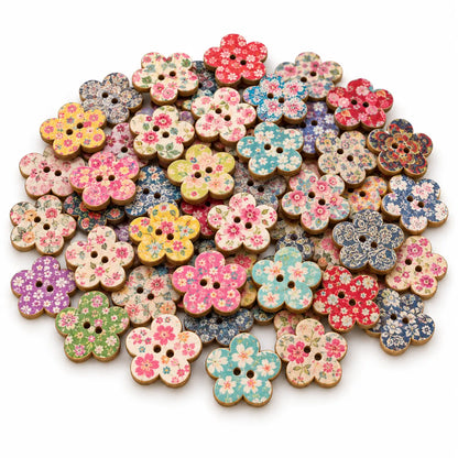 Assortment of 20 mm five-petal plum-blossom wooden buttons with two holes and vintage prints