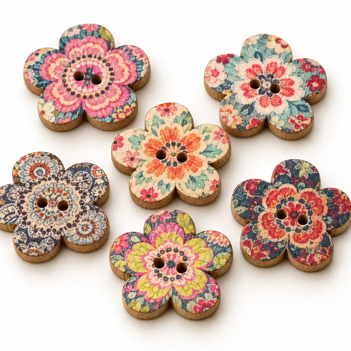 Macro view of plum-blossom wooden buttons showing printed motifs, two holes and wood edges