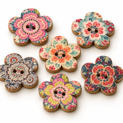 Macro view of plum-blossom wooden buttons showing printed motifs, two holes and wood edges