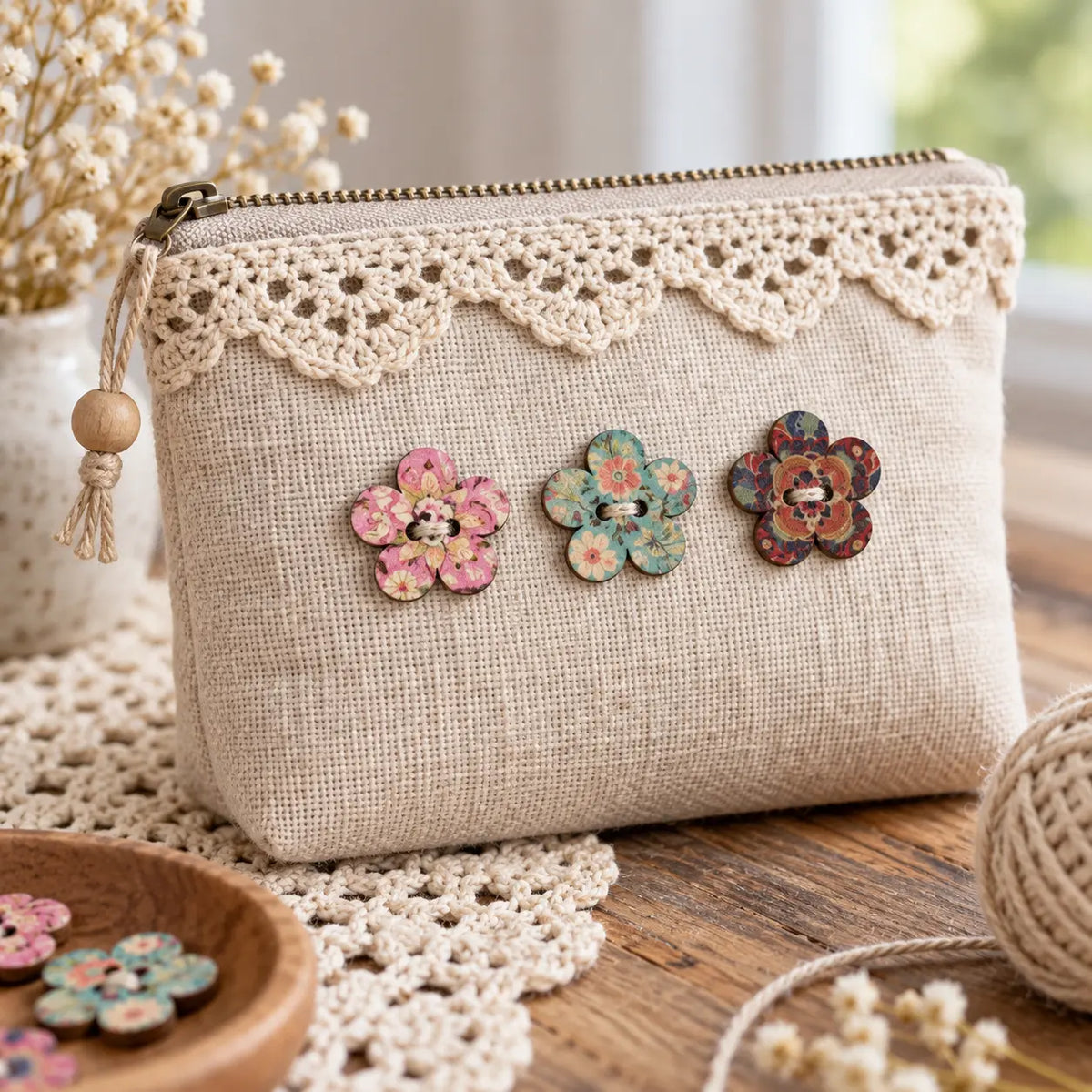 Plum-blossom wooden buttons sewn onto a linen crochet pouch; pouch not included