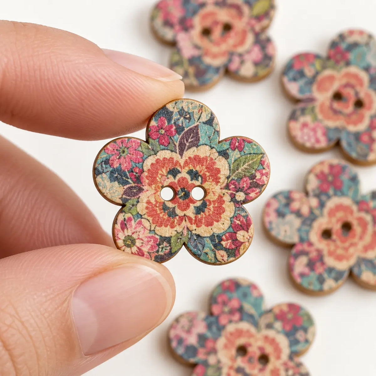 A 20 mm plum-blossom two-hole wooden button held between fingertips