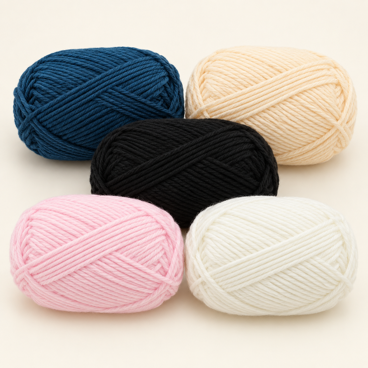 All five 50 g soft milk-cotton crochet yarn colours; one ball included per selected variant
