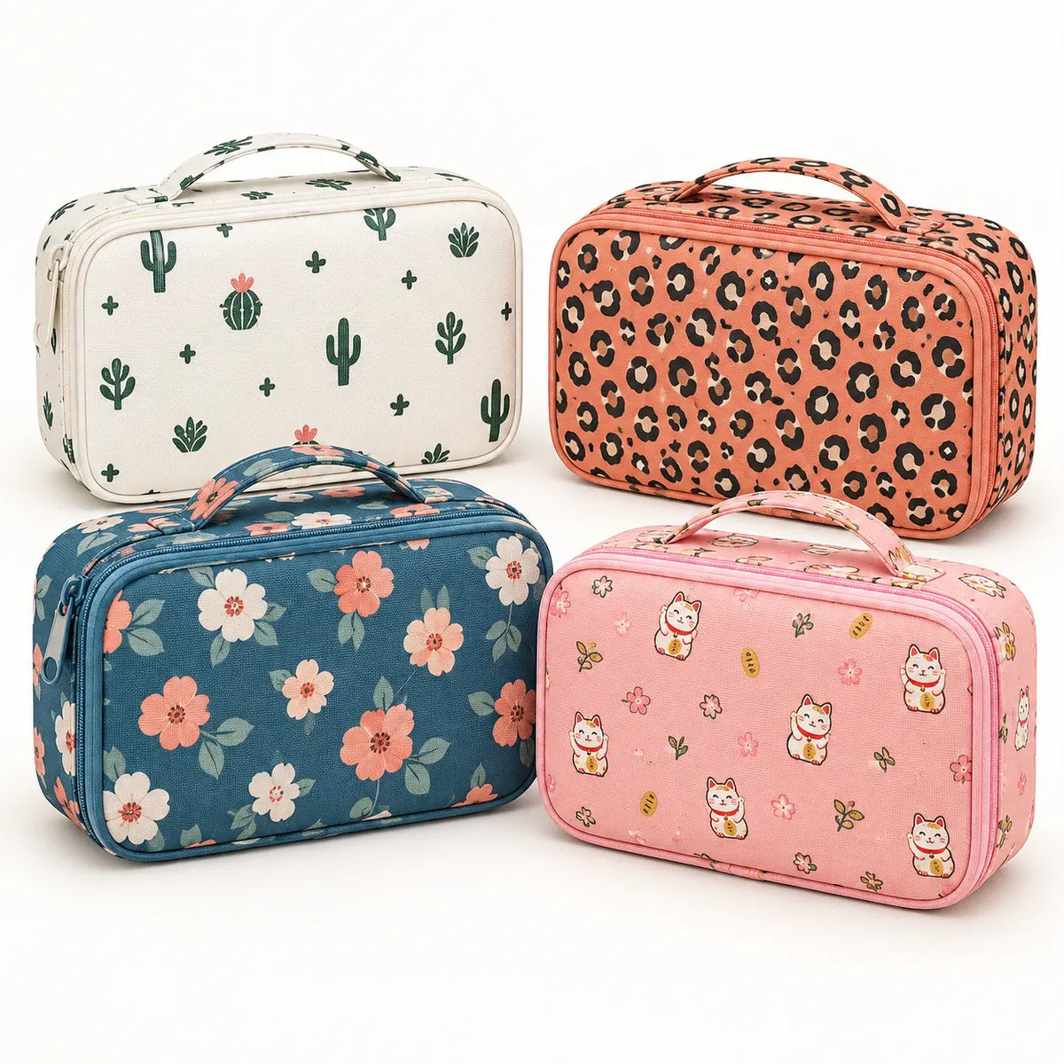 53-piece crochet tool kit case patterns: Cactus, Pink Leopard, Blue Floral and Fortune Cat