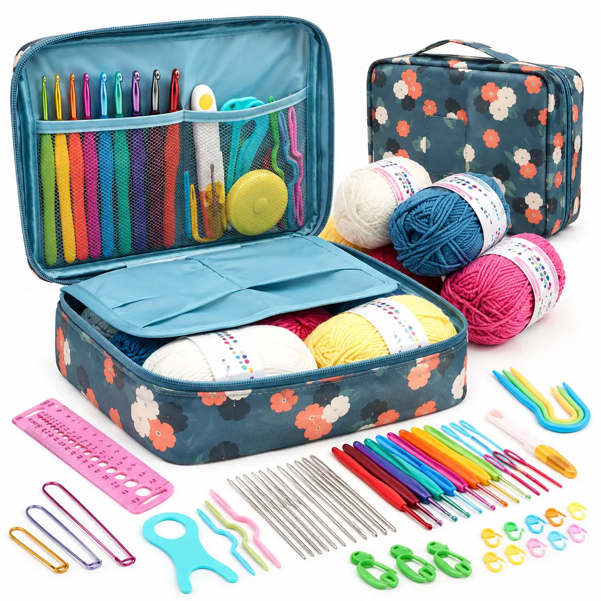 Blue Floral 53-piece crochet tool kit open with included tools and yarn