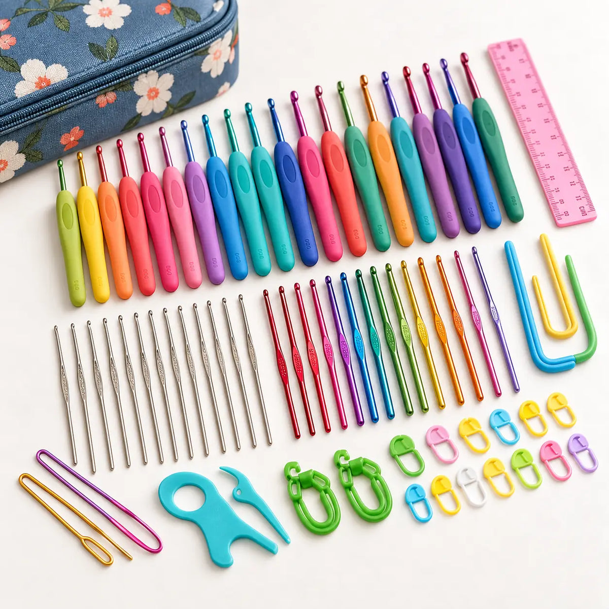 53-piece crochet tool kit hooks, needles, markers and measuring accessories detail