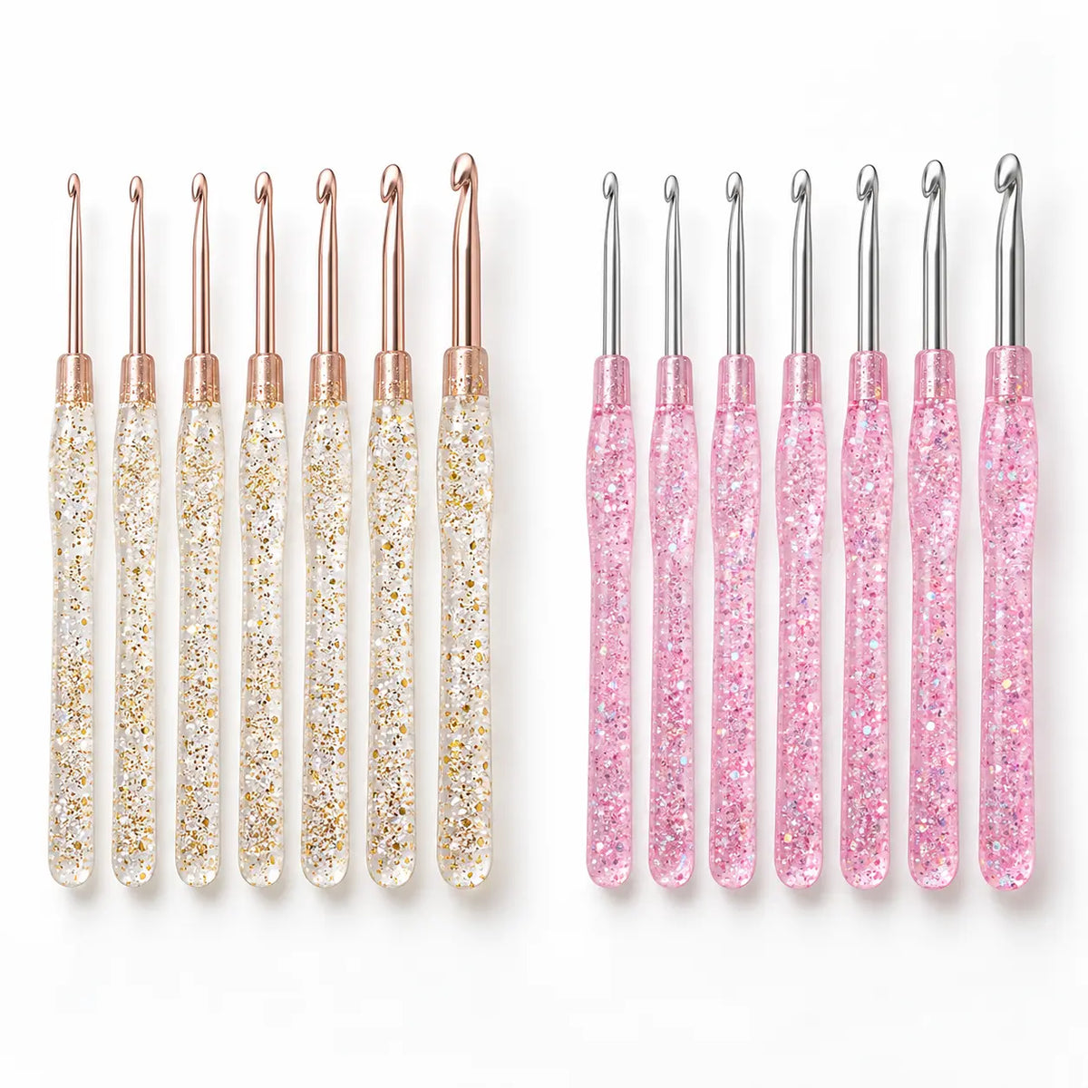 7-piece glitter-handle crochet hook set in Gold Glitter and Pink variants