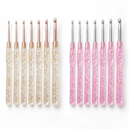 7-piece glitter-handle crochet hook set in Gold Glitter and Pink variants