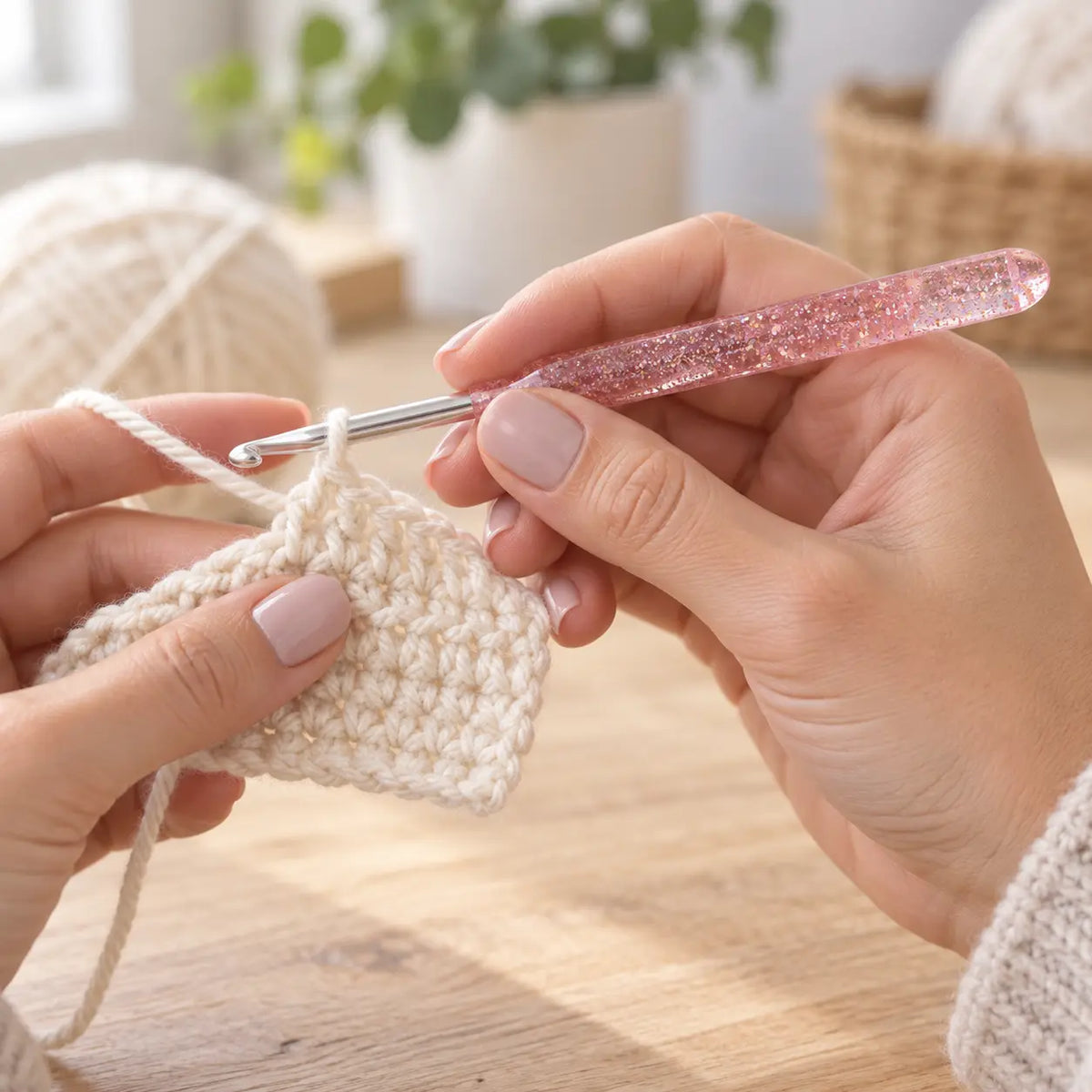 Pink glitter-handle crochet hook in use; yarn not included