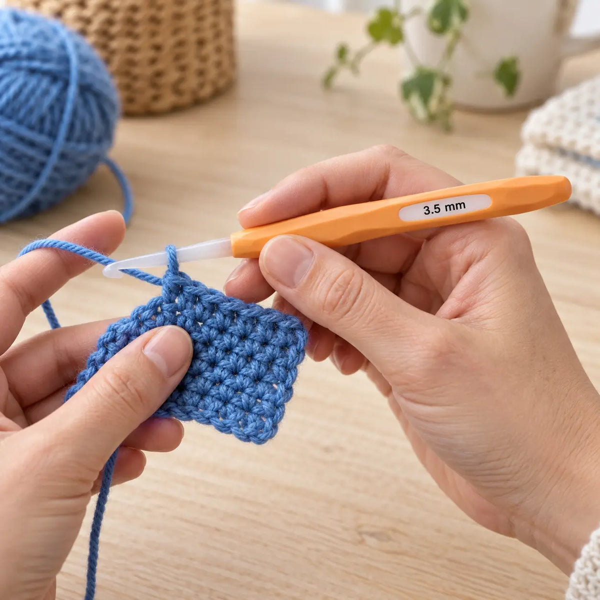 3.5 mm inline crochet hook in use; yarn not included