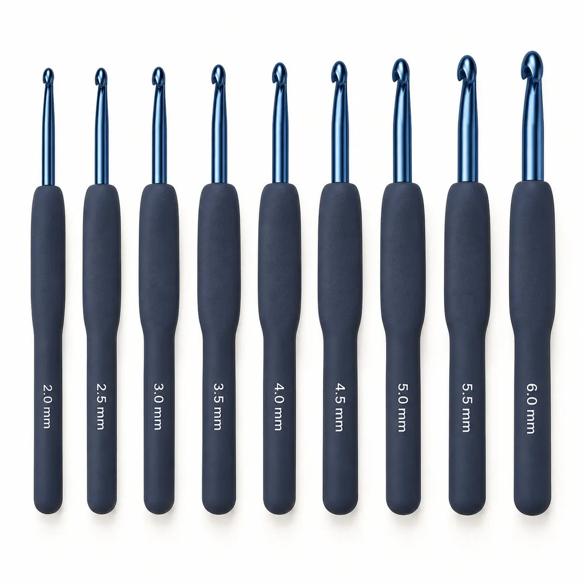 Complete 9-piece dark-blue soft-grip crochet hook set, 2.0 to 6.0 mm