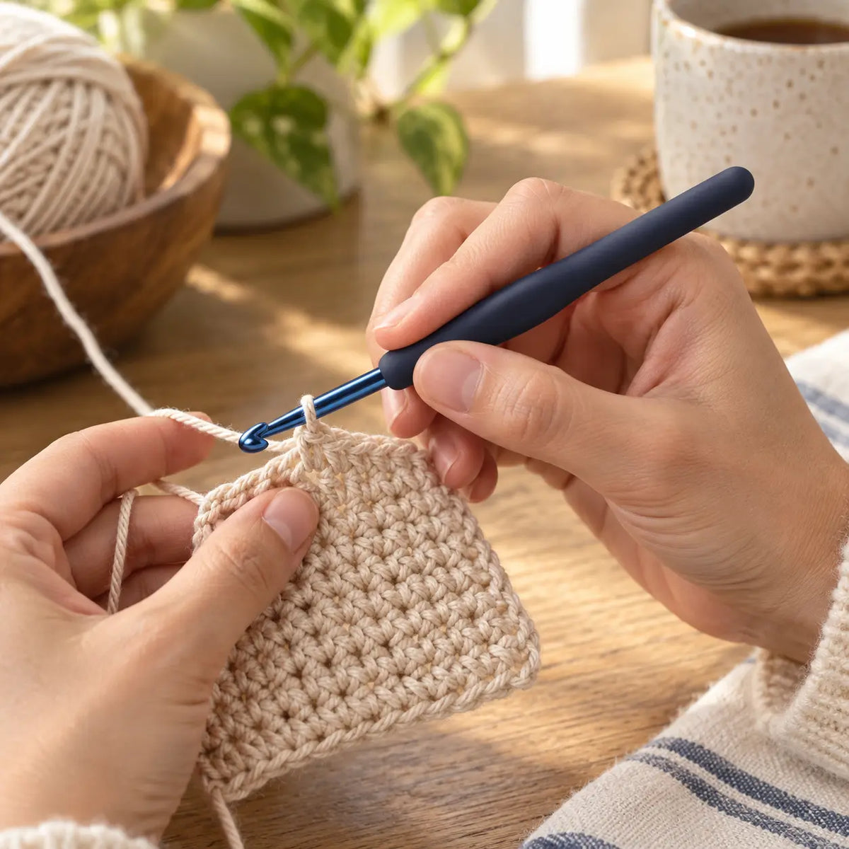 Dark-blue soft-grip crochet hook in use; yarn not included