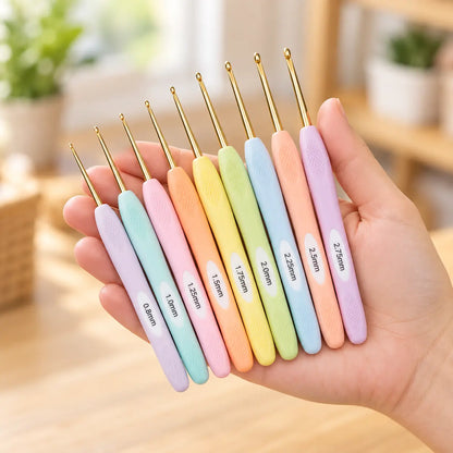 Complete 9-piece Fine soft-grip crochet hook set shown at hand scale