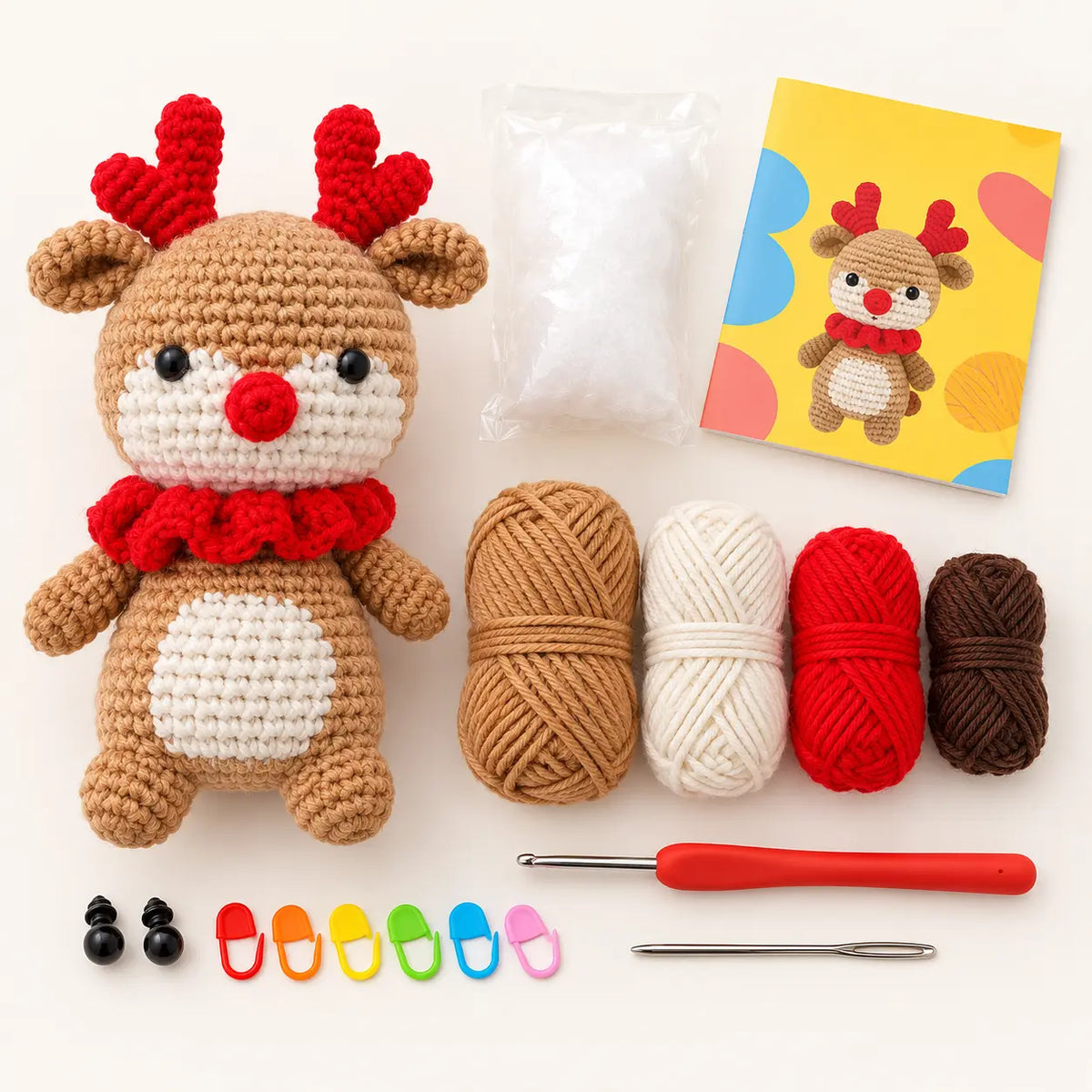 Reindeer beginner amigurumi kit with included yarn, hook, filling and notions