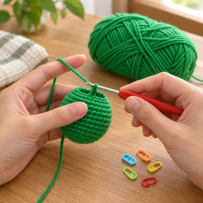 Beginner amigurumi crochet kit in use with included green yarn and hook