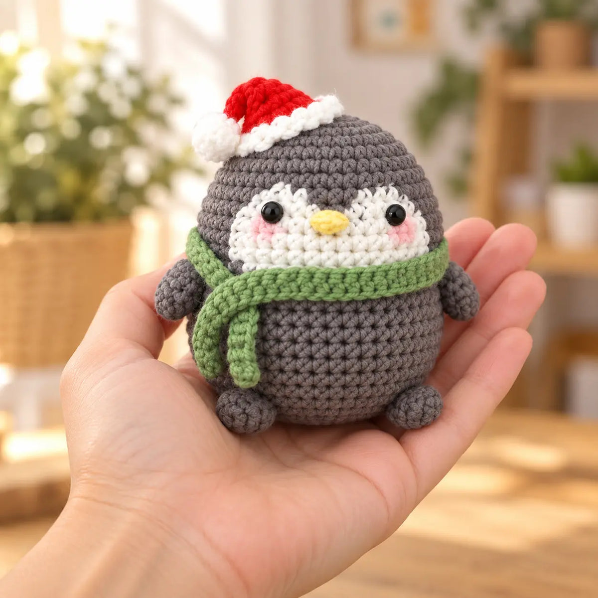 Completed penguin amigurumi project shown at hand scale
